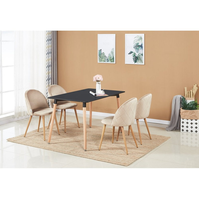 Totnes 4 Person Dining set - a Rectangular Plastic Dining Table with Wooden Legs and a Set of 4 Quilted Velvet Dining Chairs for Dining Room - Modern Dining Table Set
