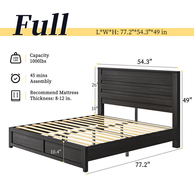 Full Black Metal Frame Bed with Wood Headboard and Slats