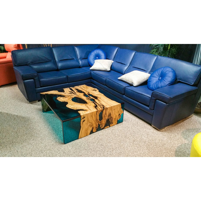 Coffee Table, 13.7'' H x 39.4" L x 39.4" W, Blue/Natural Wood