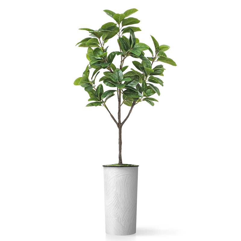 Artificial Tree in Modern Geometric Pattern Planter Fake Rubber Silk Tree (Plant Pot Plus Tree), Scrathes Off White