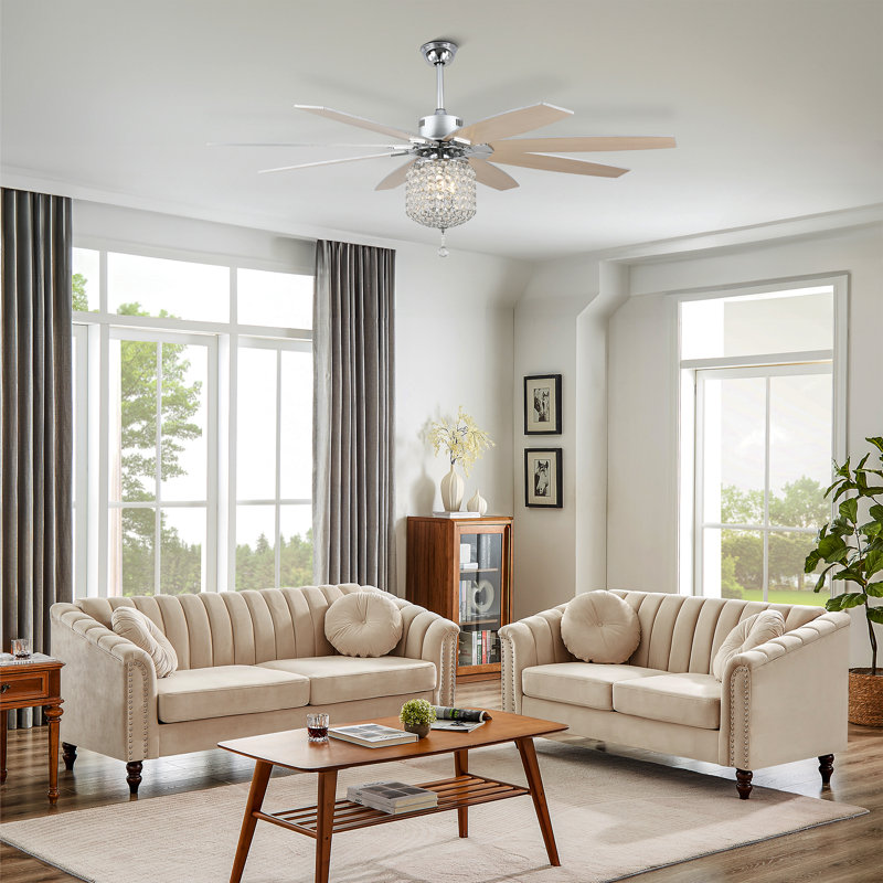 Grand ventilateur de plafond 65 po en cristal rétro 65 po avec finition Chorme et télécommande, 8 pales en bois, moteur CC silencieux à 6 vitesses
