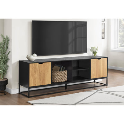 Meuble télé de 72 pouces, console, centre multimédia, meuble de rangement, salon, stratifié noir, métal noir, style moderne et contemporain