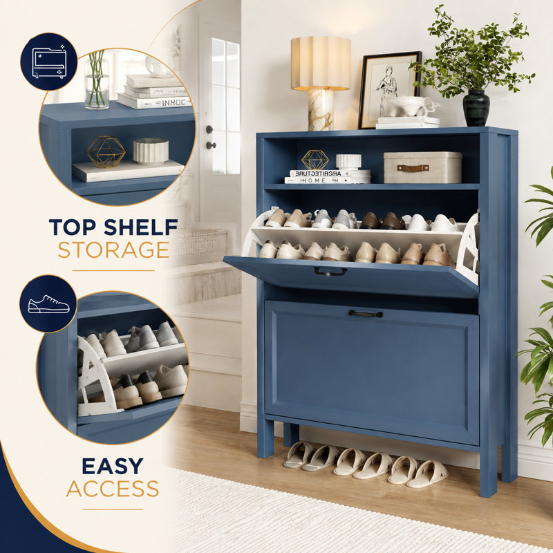 Slim Shoe Storage Cabinet with Doors and Adjustable Shelves for Entryway, Blue, 43'' H x 31'' W x 9.2'' D