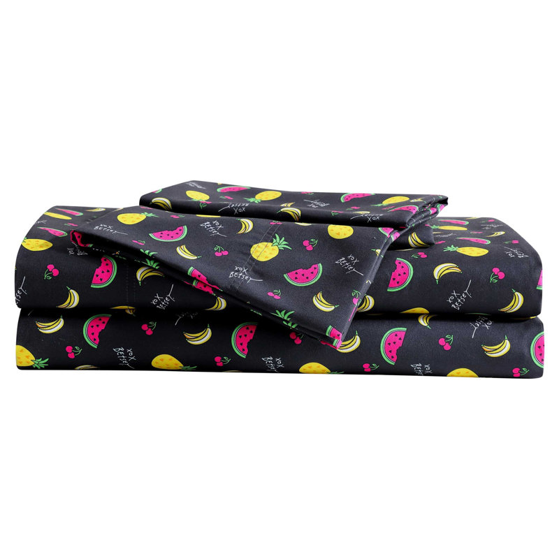 Betsey Johnson Printed Novelty Sheet Sets, Black, Twin Sheet Set with 1 Standard Pillowcase