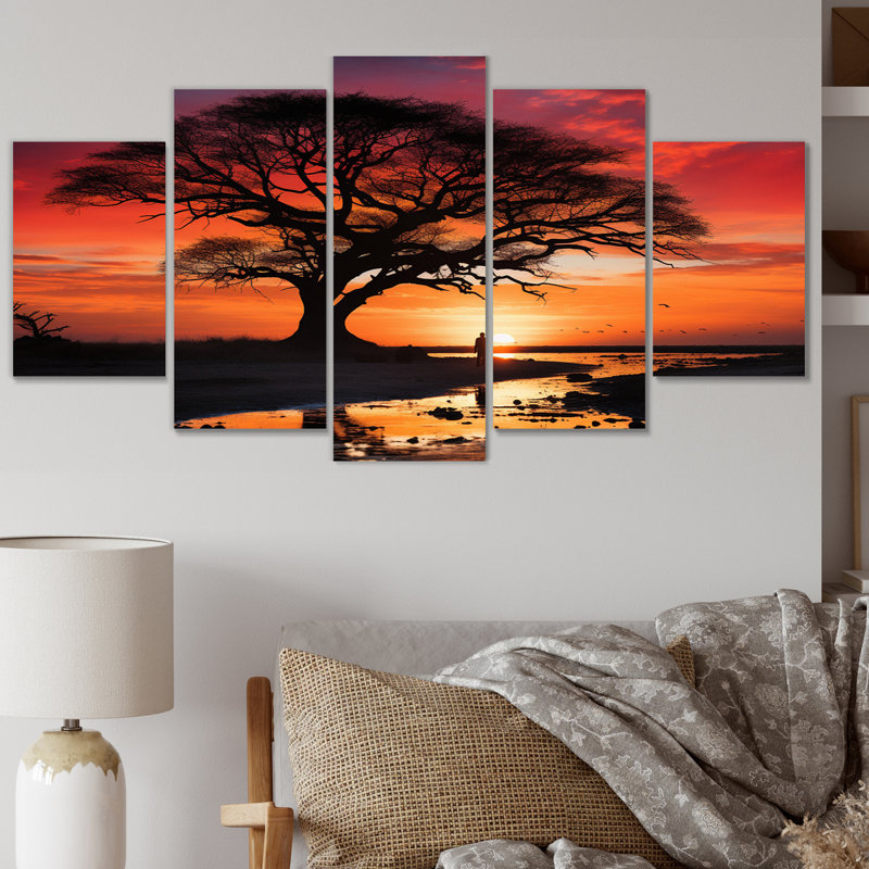 Coucher de soleil africain majestueux II - art mural africain, salon, 5 panneaux
