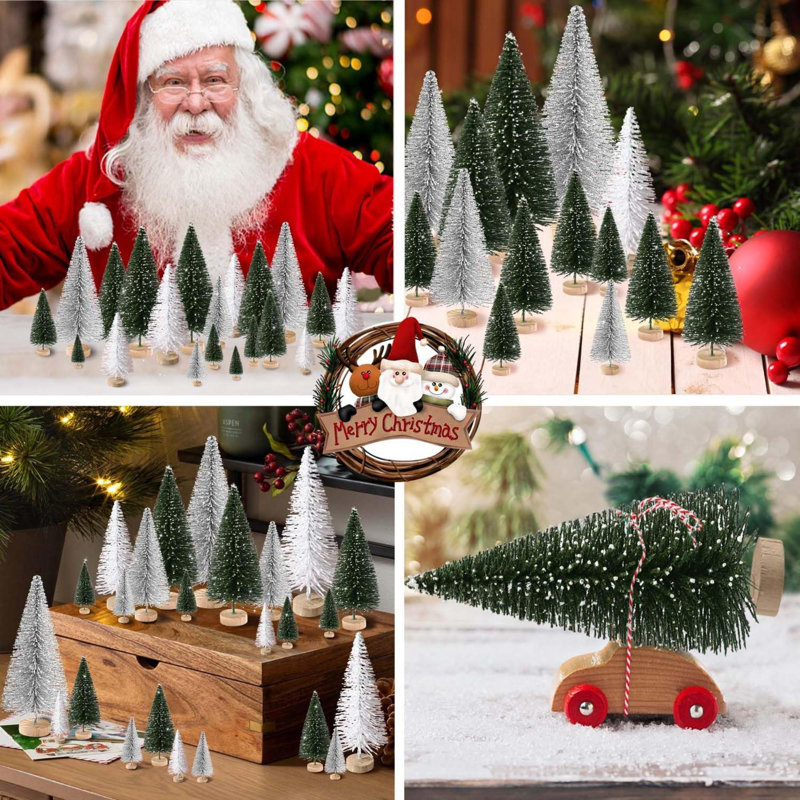 Miniature Green and White Plastic Tabletop Christmas Trees with Wooden Base