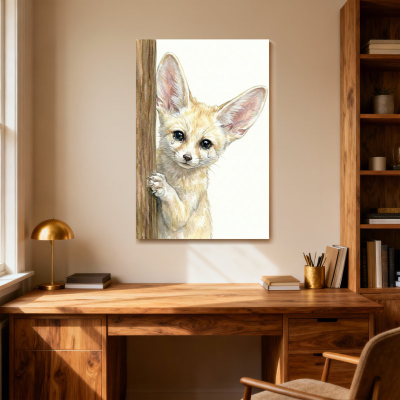 Animaux Fennec Fox furtivement derrière un panneau de bois, H 32 po x l 48 po