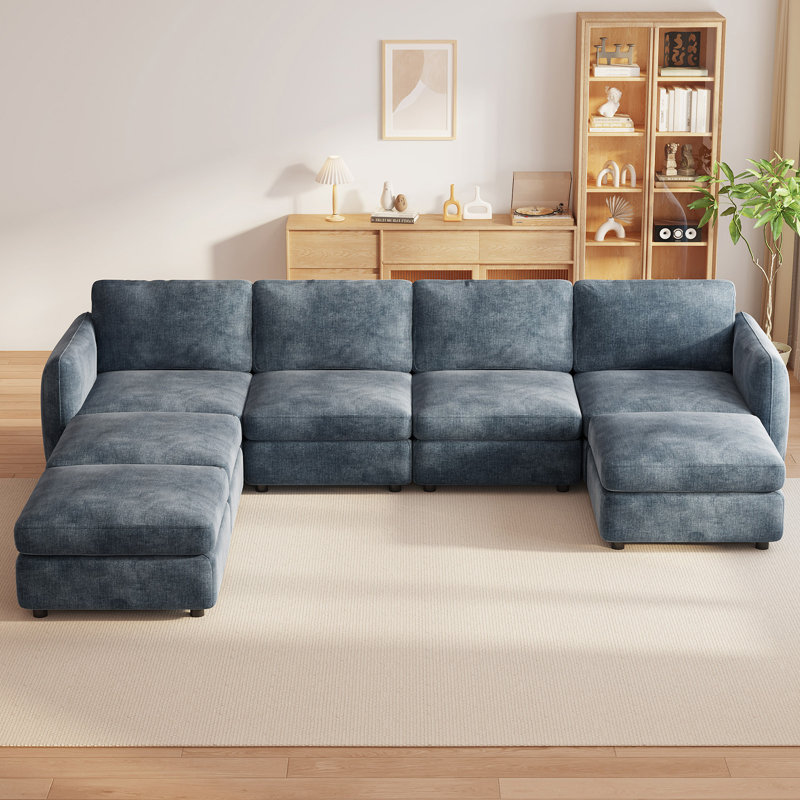 120.1" U-Shaped 7-Seater Modular Sectional Sofa with Storage Ottomans, Blue, 7