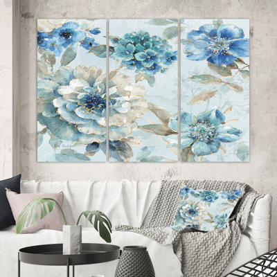 «Swigart Farmhouse Indigold Watercolor Lovely Bird IV», ensemble de 3 reproductions d'art sur toile tendue