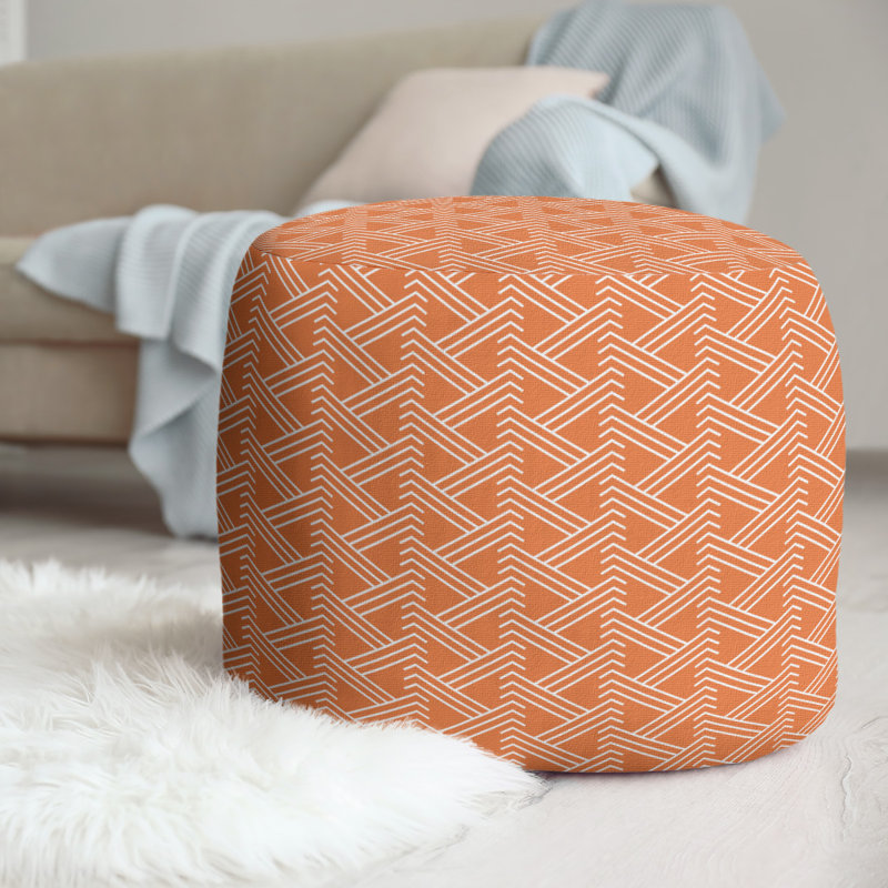 Upholstered Pouf, Orange/White