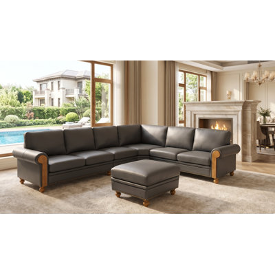 Light Brown Leather Match Modular Sectional with Ottoman