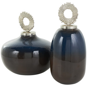 Malijah Metal Ombre Blue Decorative Jars with Brown Accents and Silver Ring Handles Set