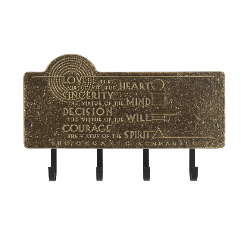 Frank Lloyd Wright Organic Commandments 4-Hook Plaque, Antique Brass