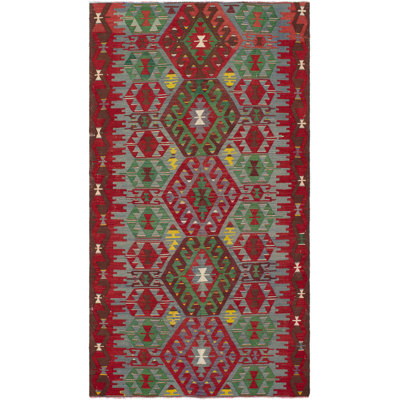 Tapis rouge/vert/gris/gris en laine 4 pi 11 po x 9 pi one-of-kind fait main kilim Norcross