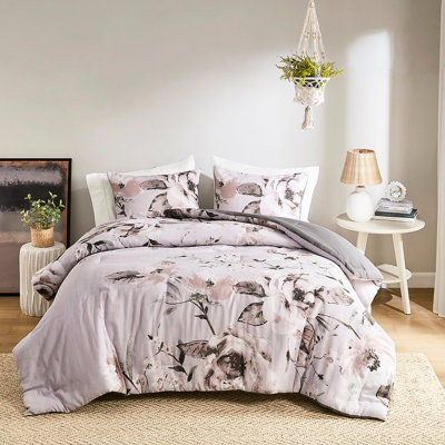 Édredon double / grand - imprimé floral avec revers en microfibre et rembourrage 100% coton à gros caractères 3 pièces lavable à la machine de style mauve