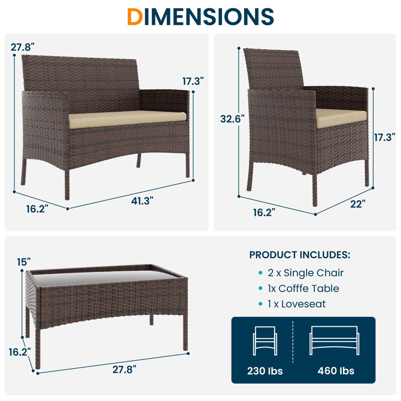 4-Person Wicker Outdoor Patio Conversation Set with Cushions and Coffee Table, Beige