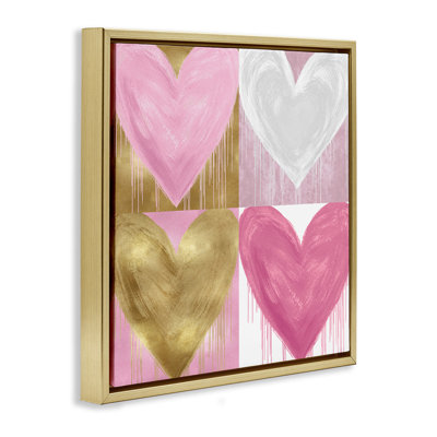 «Pink & Gold Glam Hearts», encadrée dorée sur toile flottante par Lindsay Rodgers