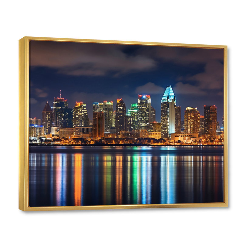 «Montreal Skyline At Night - California», art mural, H 16 po x l 32 po x P 1 po, Cadre flottant doré