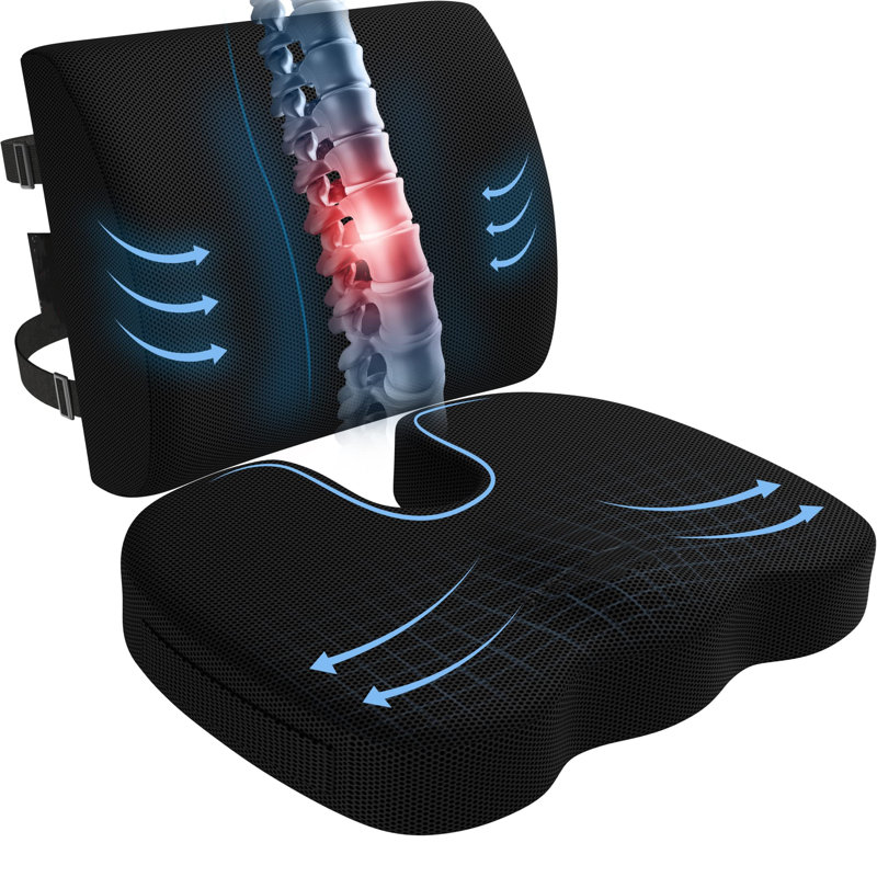 Black Memory Foam Lumbar Support and Seat Cushion Set