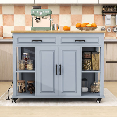 Îlot de cuisine extensible avec prises de courant intégrées, 2 tiroirs et armoire