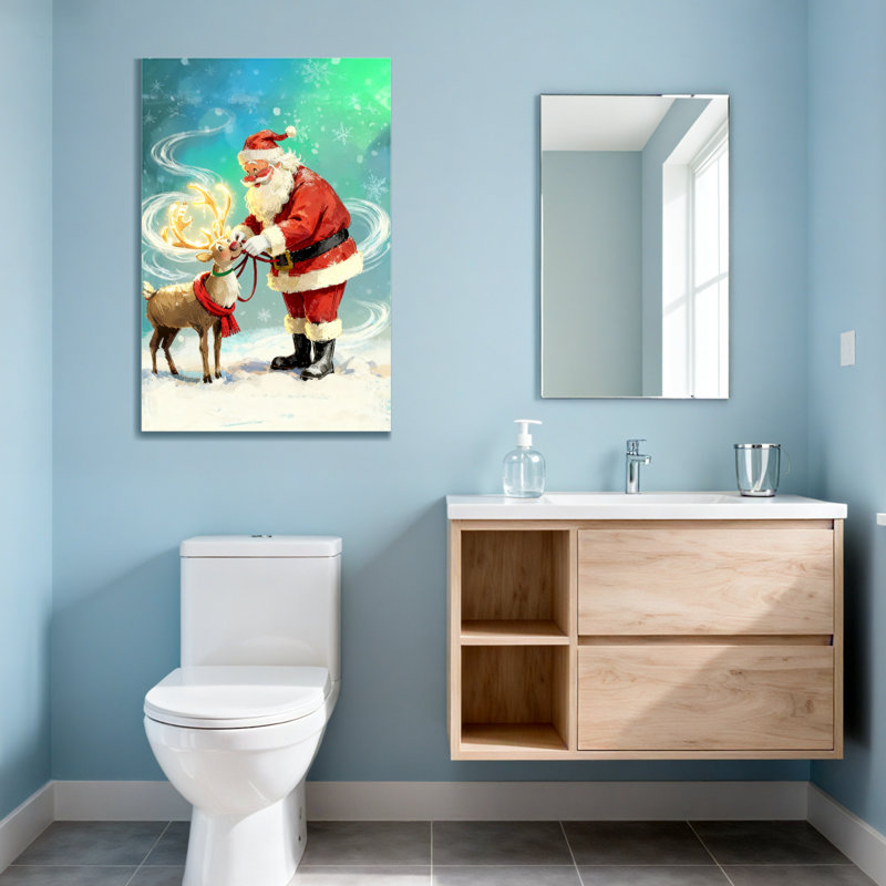 Père Noël avec des rennes dans une scène enneigée, H 30 po x l 20 po