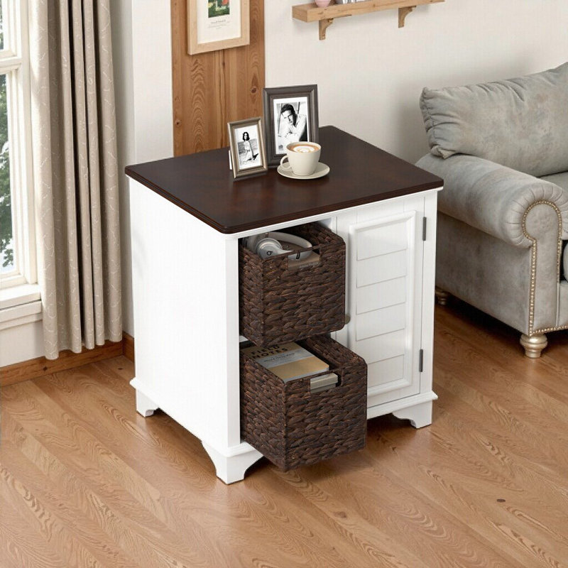 Table basse de style américain avec volets et paniers de rangement, Blanc
