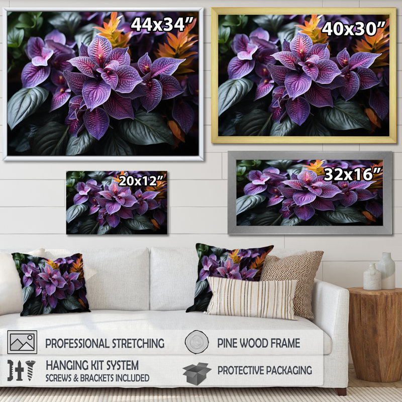 Plantes tropicales mauves sur toile, H 30 po x l 40 po x P 1,5 po, Cadre naturel flottant