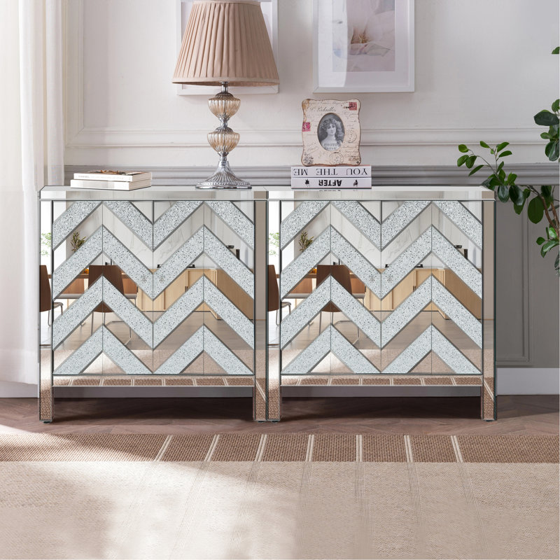 Armoire de rangement en forme de M avec garniture miroir - Argent pour le salon, le vestibule, la cuisine et la salle à manger en verre gris, robuste