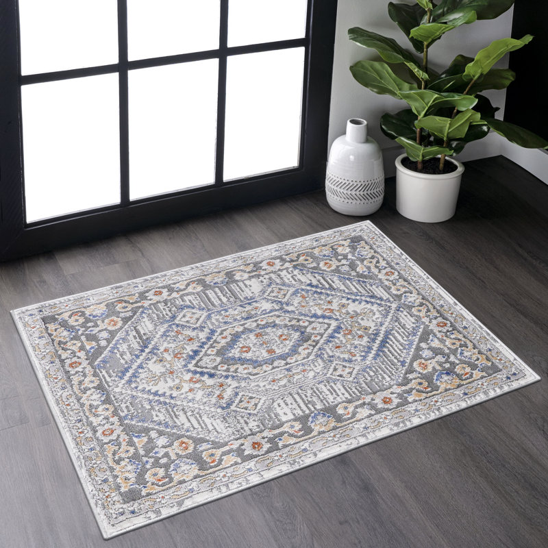 Tapis bleu / crème / bordé de la collection LOOM & LUXE, Rectangulaire 2 pi x 3 pi