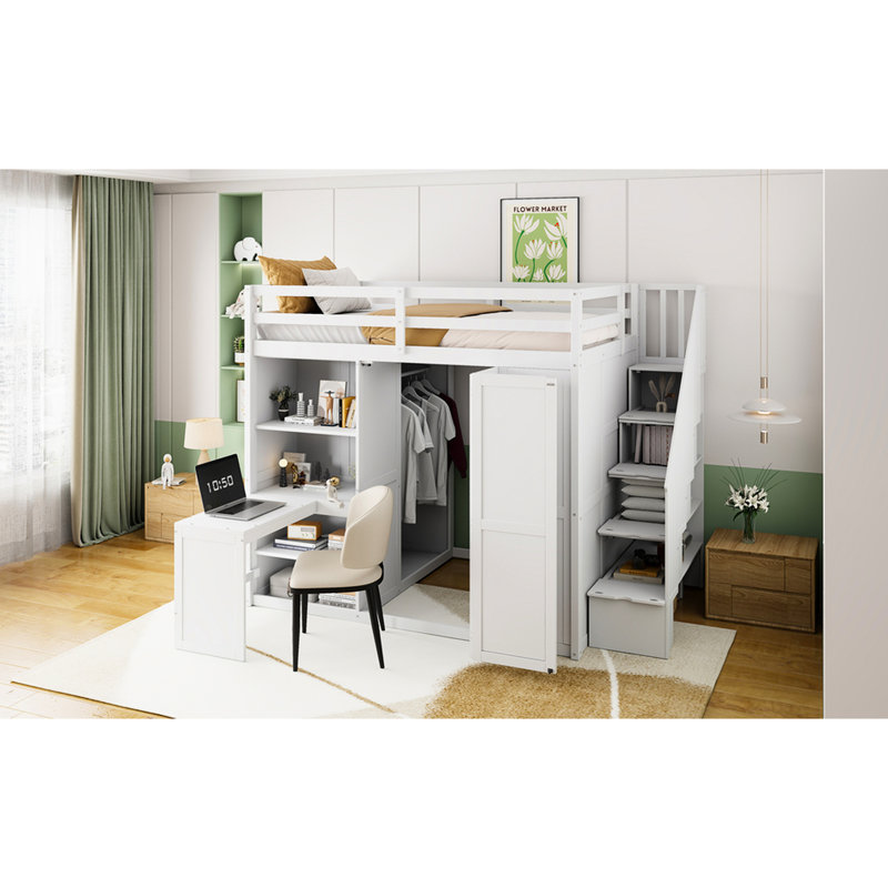 Lit mezzanine blanc pleine grandeur, livré avec une armoire pour suspendre les vêtements, trois tablettes pliables de chaque côté, une porte pour former un espace de rangement privé, un bureau d'étude intégré