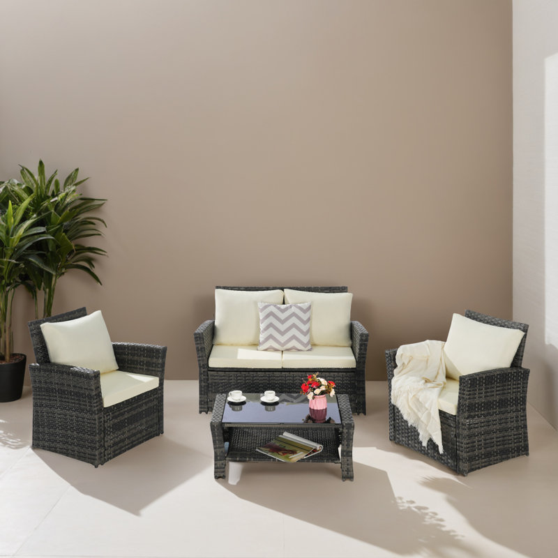 Ensemble de conversation 4 pièces en rotin avec canapé et table basse, Beige