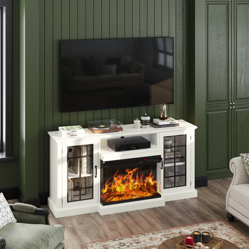 Eijah 58.2'' W Storage Credenza with Electric Fireplace Included, White