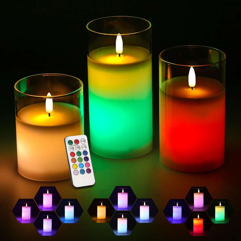 Pack of 3 Christmas LED Glass Flameless Candles with Remote and Timer