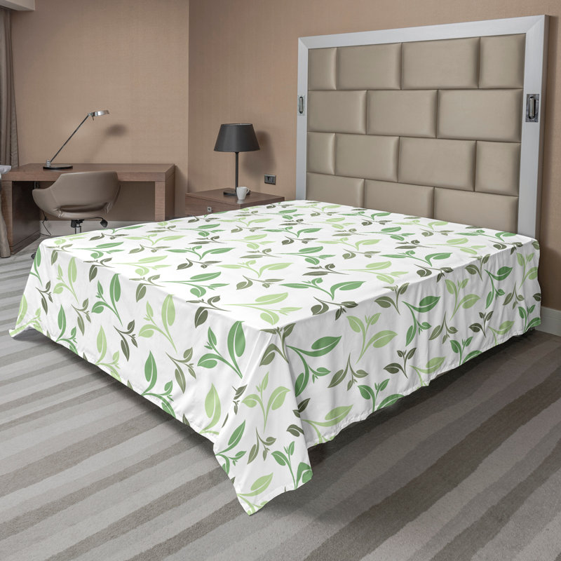 Ambesonne Nature Top Flat Sheet Glisten Fish Sunlight, Green Army Green Floral, California King Flat Sheet