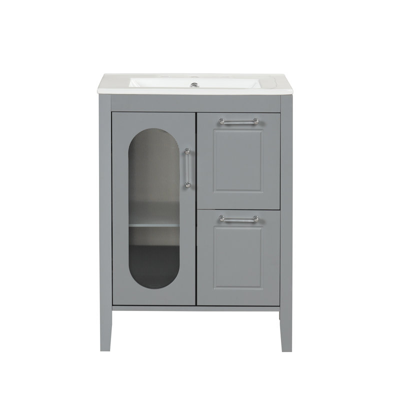24"  Single Bathroom Vanity with Ceramic Integrated Sink Combo, Soft Closing Glass Doors, Bathroom Dresser, Gray