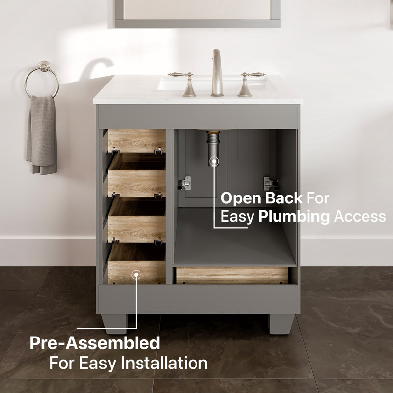 Meuble-lavabo gris l 28 po x P 22 po avec comptoir en quartz de Carrare blanc et lavabo en porcelaine encastré