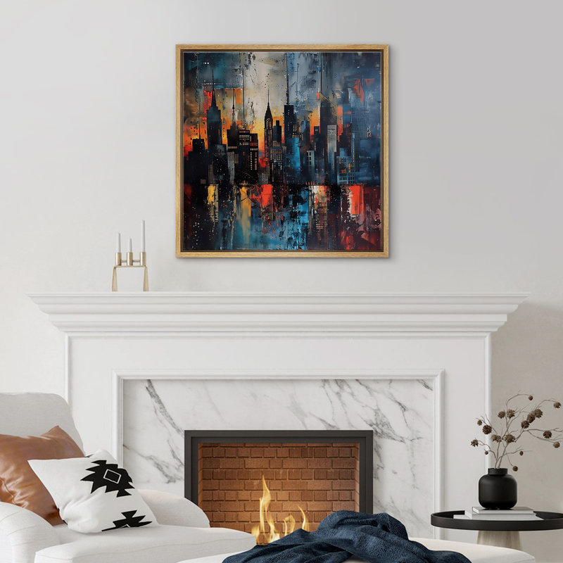 «Moody Abstract City Buildings Reflection Dark Modern Art», reproduction d'art sur toile encadrée, Encadré naturel