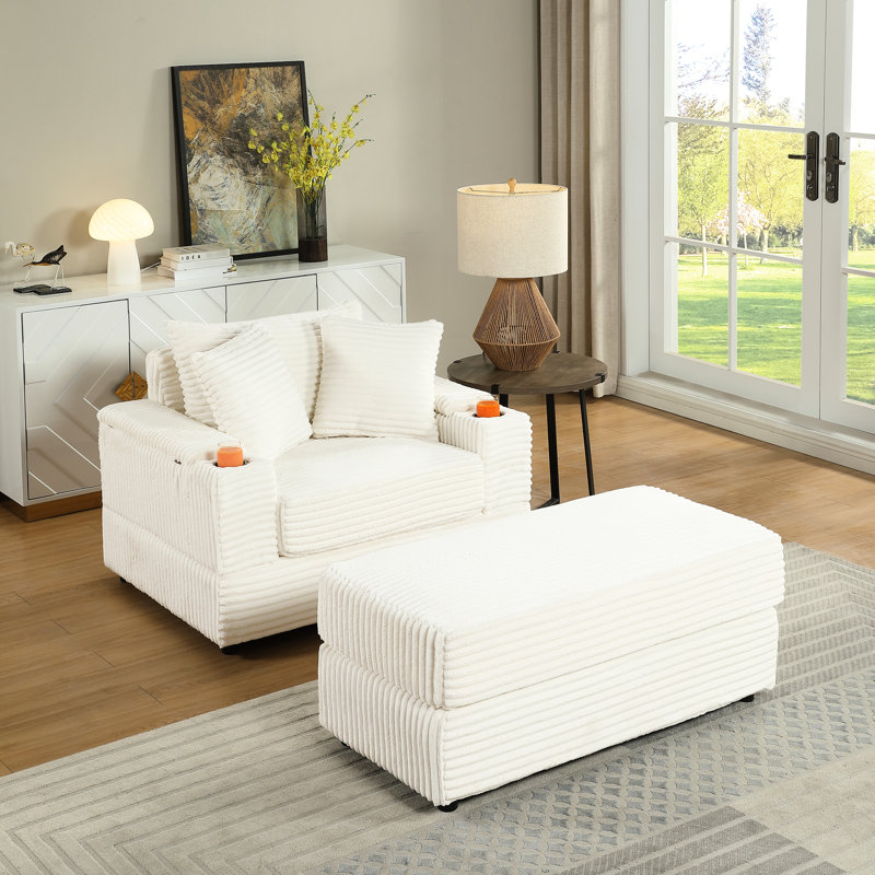 Fauteuil Comfy 1 avec coussins décoratifs, revêtement en velours côtelé, soutien optimal, design ergonomique, montage rapide, beige, assise profonde, à ressorts, idéal pour la détente.