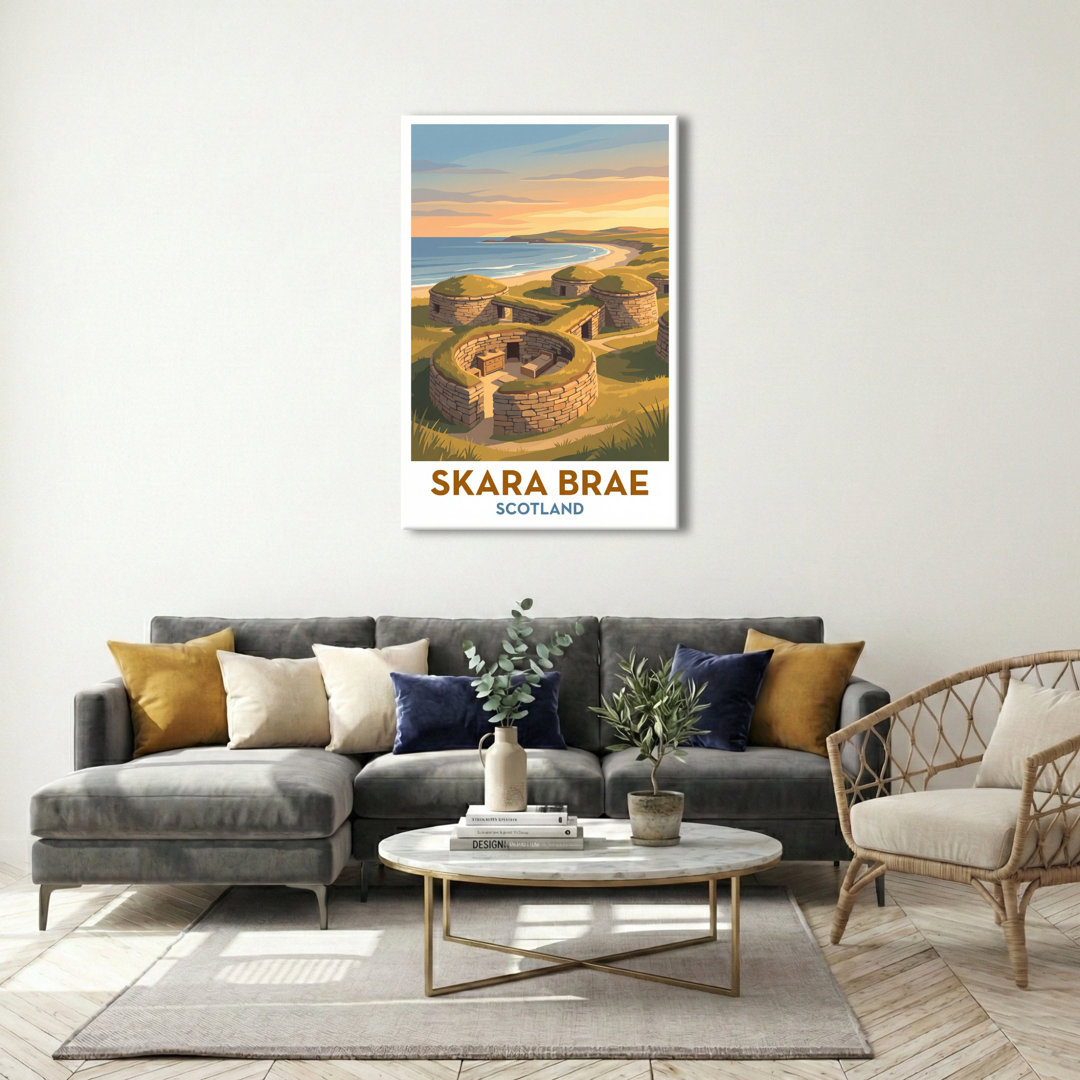 Skara Brae, Scotland - Timeless Neolithic Village Travel Poster, Coastal Romance. Giclee Print on Wrapped Canvas. Wall Art, Home Decor - Historic Site