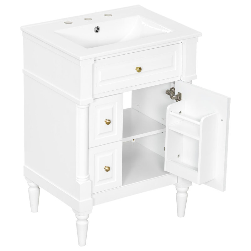 24" freestanding bathroom vanity with ceramic sink, White