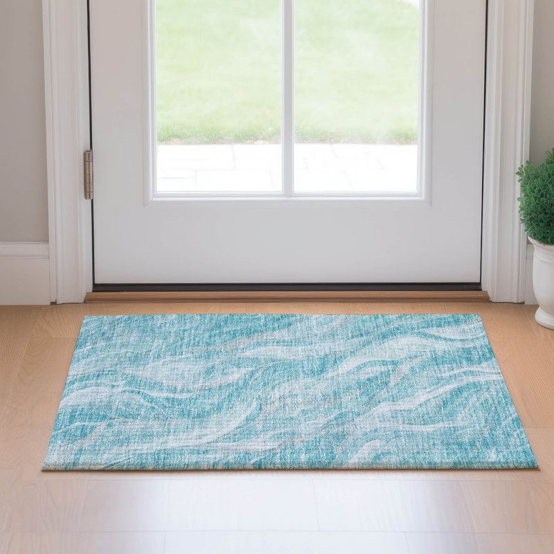 Tapis bleu sarcelle lavable à la machine Premium Prisco, Rectangle 1 pi 8 po x 2 pi 6 po