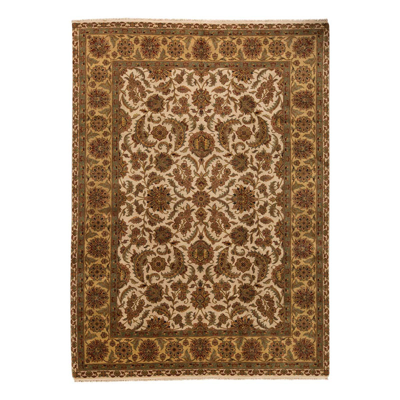 Tapis ivoire / jaune / brun foncé en laine noué à la main de conception unique 9 pi 11 po x 13 pi 11 po