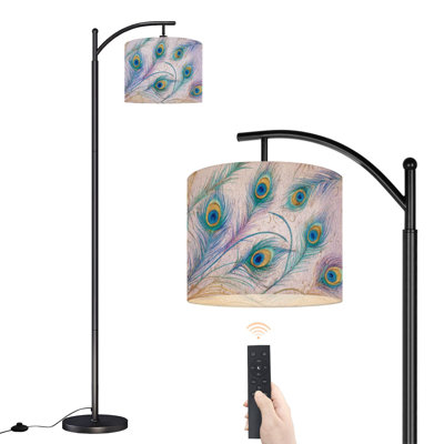  Arc Floor Lamp Peacock Feather Watercolor Blue Green Details Tall Modern Standing Lamp LED Adjustable Linen Lampshade 3 Color Temperatures