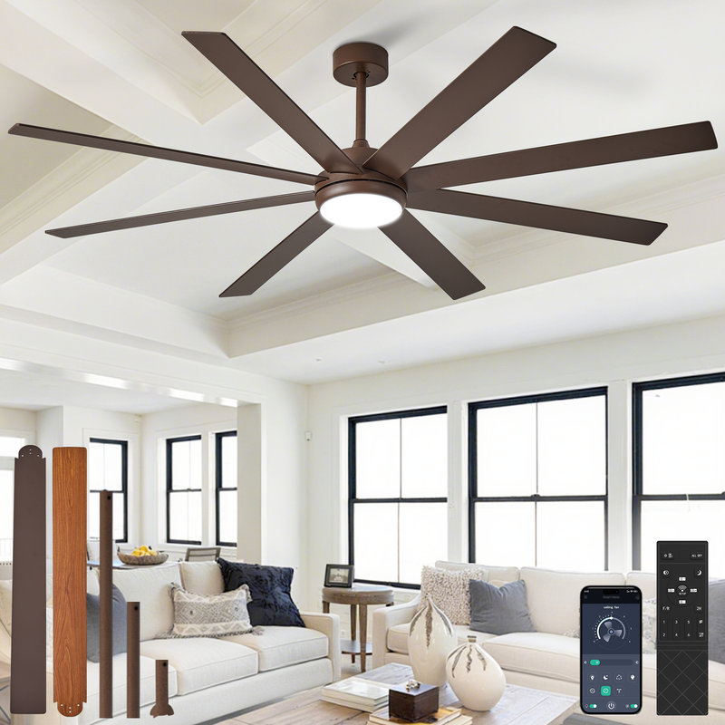 72" Ceiling Fans with Lights, Brown Indoor/Outdoor Ceiling Fan with Remote APP Control, 8 Blades Dimmable Timer Reversible Quiet DC Motor 6 Speeds
