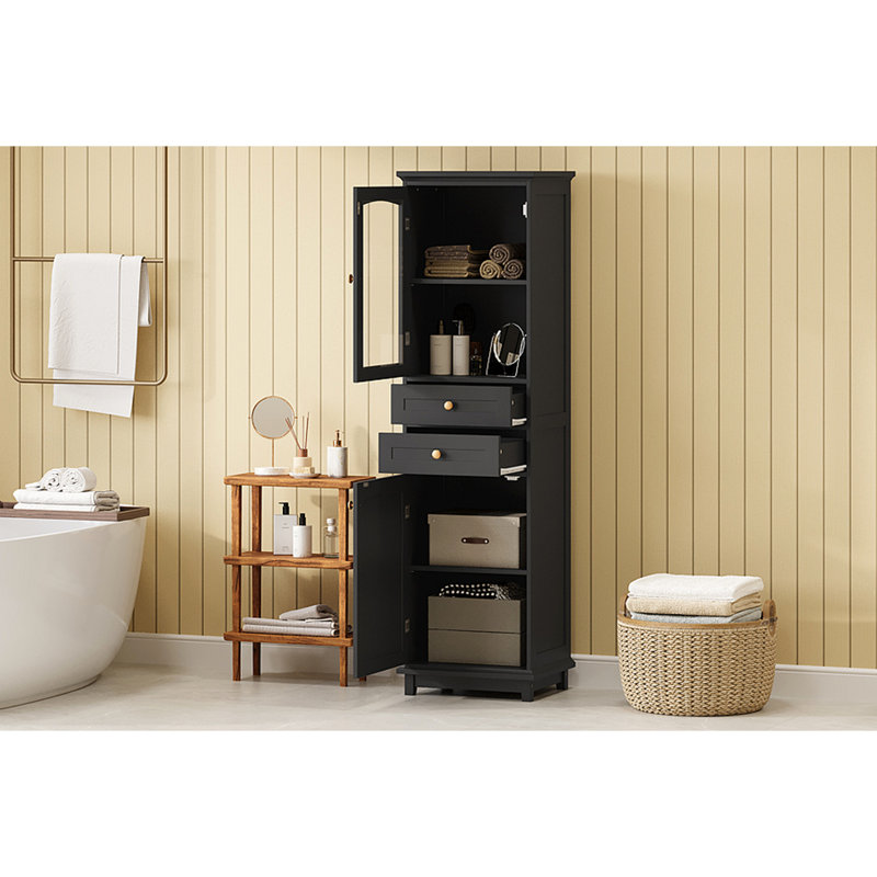 Armoire de rangement pour salle de bain de 63 po de hauteur avec portes en verre, deux tiroirs et tablettes réglables, panneau de fibres à densité moyenne