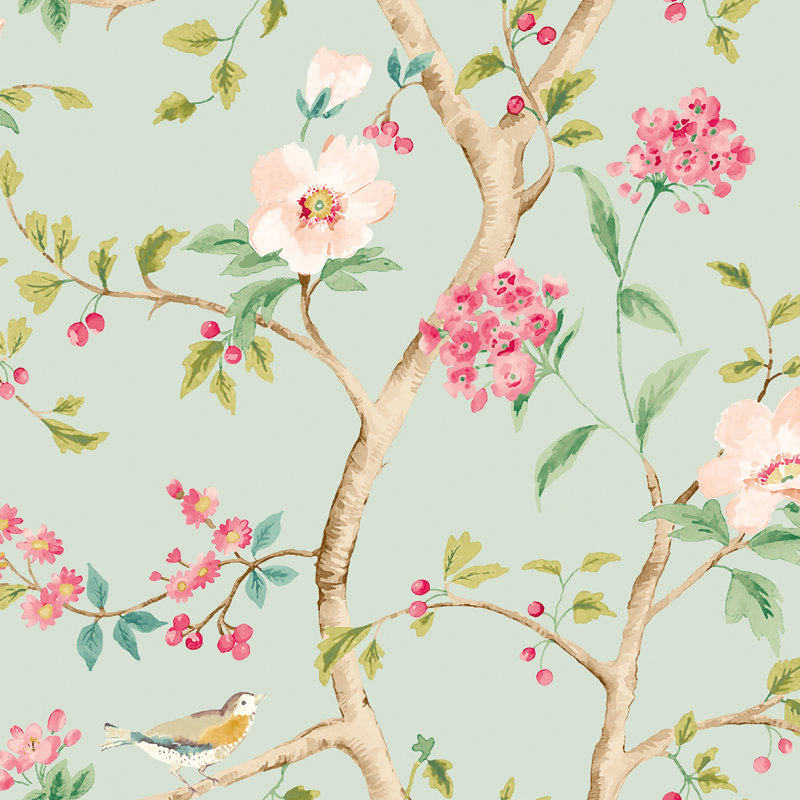 Bird Song - Silver 10m Wallpaper, Blue Floral