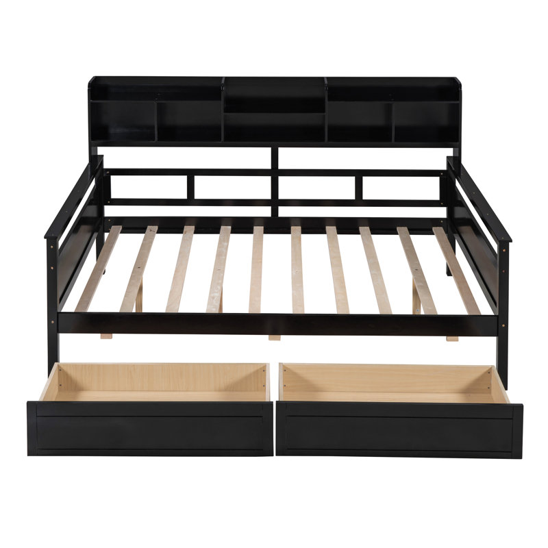 Daybed, Wood Slat Support, With Bedside Shelves And Two Drawers, Espresso, Full