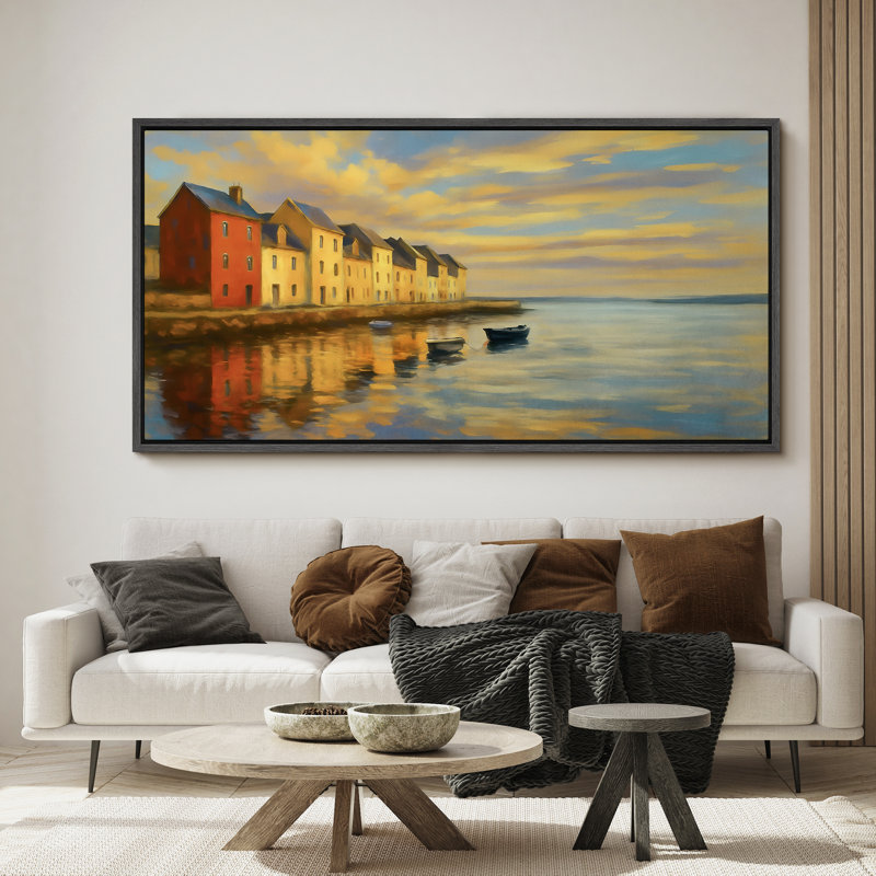 «Sunset Harbor Village», toile encadrée - Art mural de reflets côtiers dans des tons chauds, Noir, H 30 po x l 60 po