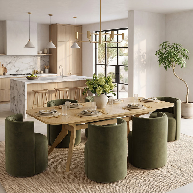 Ensemble de table de salle à manger extensible en placage de bois de 78" à 96" avec 6 chaises en velours et roulettes dissimulées