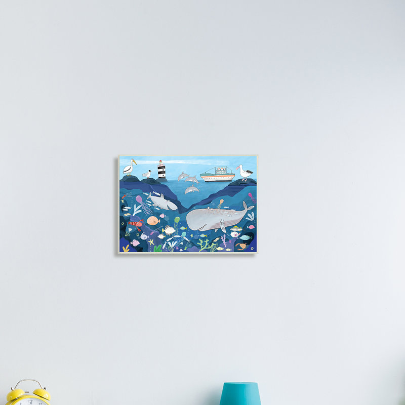 Illustration d'un enfant sous-marin, requin-baleine - peinture, H 13 po x l 19 po, Plaque murale
